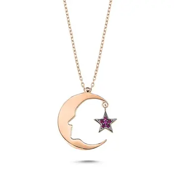 

Angemiel 925 Silver Zircon Stone Moon Star & Ataturk Skyline Necklace-Rose Gold Plated