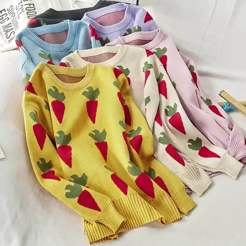

NiceMix Loose Funny Carrots Printed Women Sweater Casual Long Sleeve O Neck Autumn Kintting Top Vintage Streetwear Kwaii Sweate