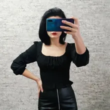 Short Blouses Womens Tops Long-Sleeve Vintage Square-Collar Casual Simple New Bow Solid