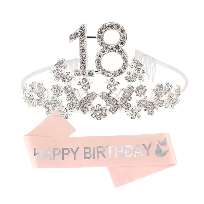 10th 13th 16th 18th 21st Birthday Sash and Crown for Girl Silver Crystal Tiara and Satin Sash Birthday Party Decoration Supplies
