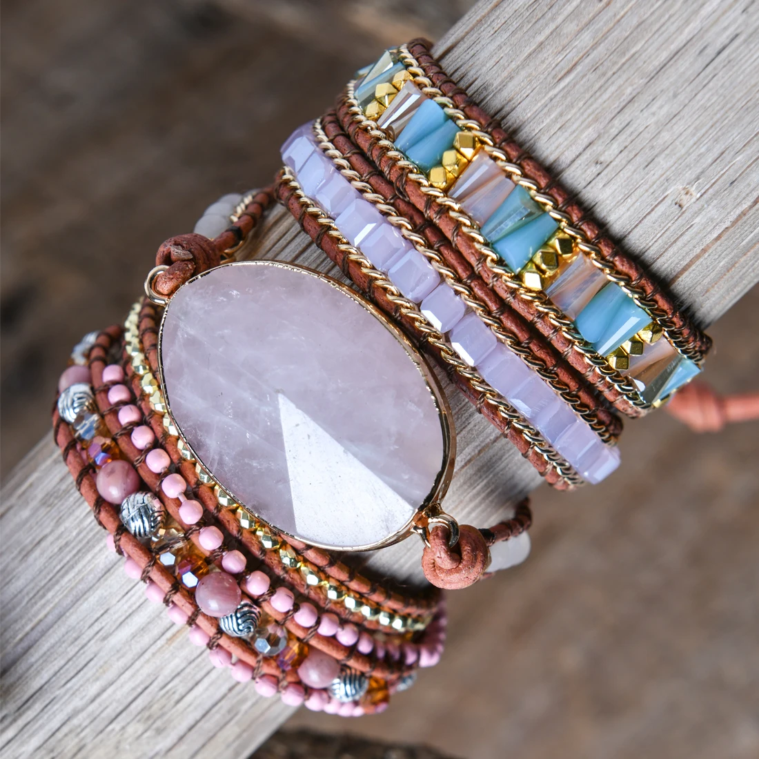 Handmade Women Bracelets Unique Natural Stones Rose Quartz  Charm 5 Layers Leather Wrap Bracelets Boho Bracelet Dropship