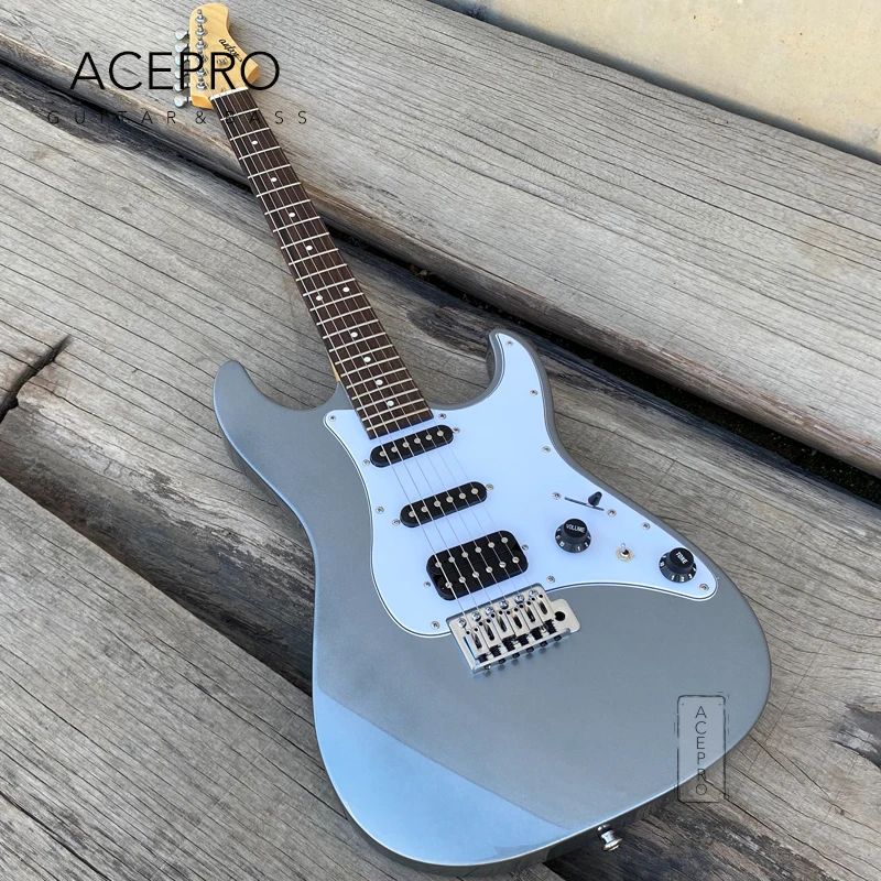 

In Stock Acepro Metallic Grey Electric Guitar, 2-piece Mahogany Body, Tremolo Bridge, Maple Neck, High Quality Guitarra