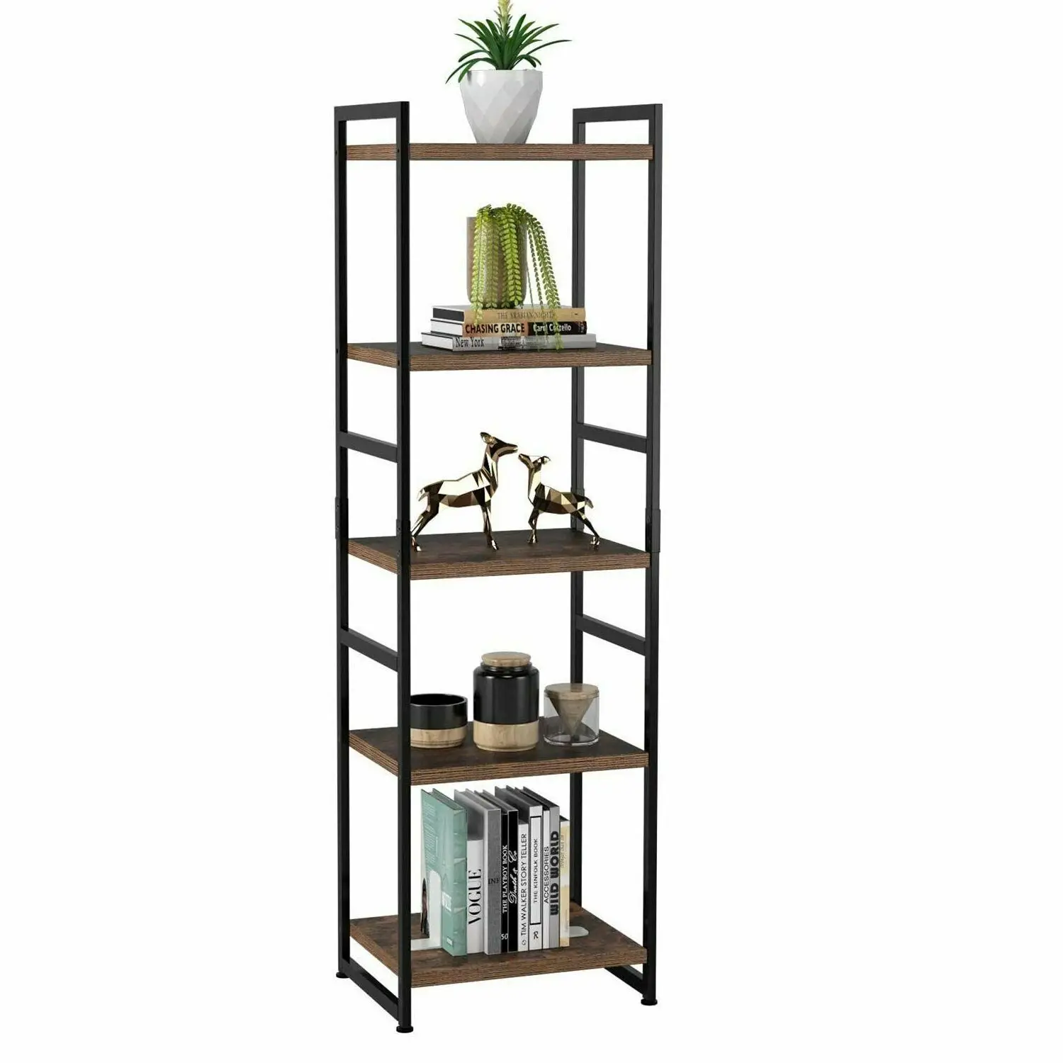 5-Tier Bookshelf Metal + Wooden Shelf  miteigi 5 Tier Rack Display Shelving Plant Stand garage Storage Local Office Decorative Shelves Trending