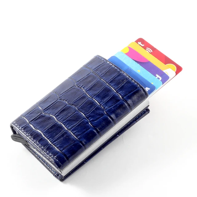 Smart Wallet Business Card Holder Real Cow Leather Handmade Smart Automatic Card Holder Men Gift Croco Navy blue