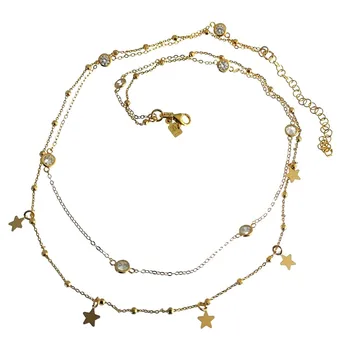 

Choker 925 Sterling silver m gilded double chain star zircons clasp [AC1237]