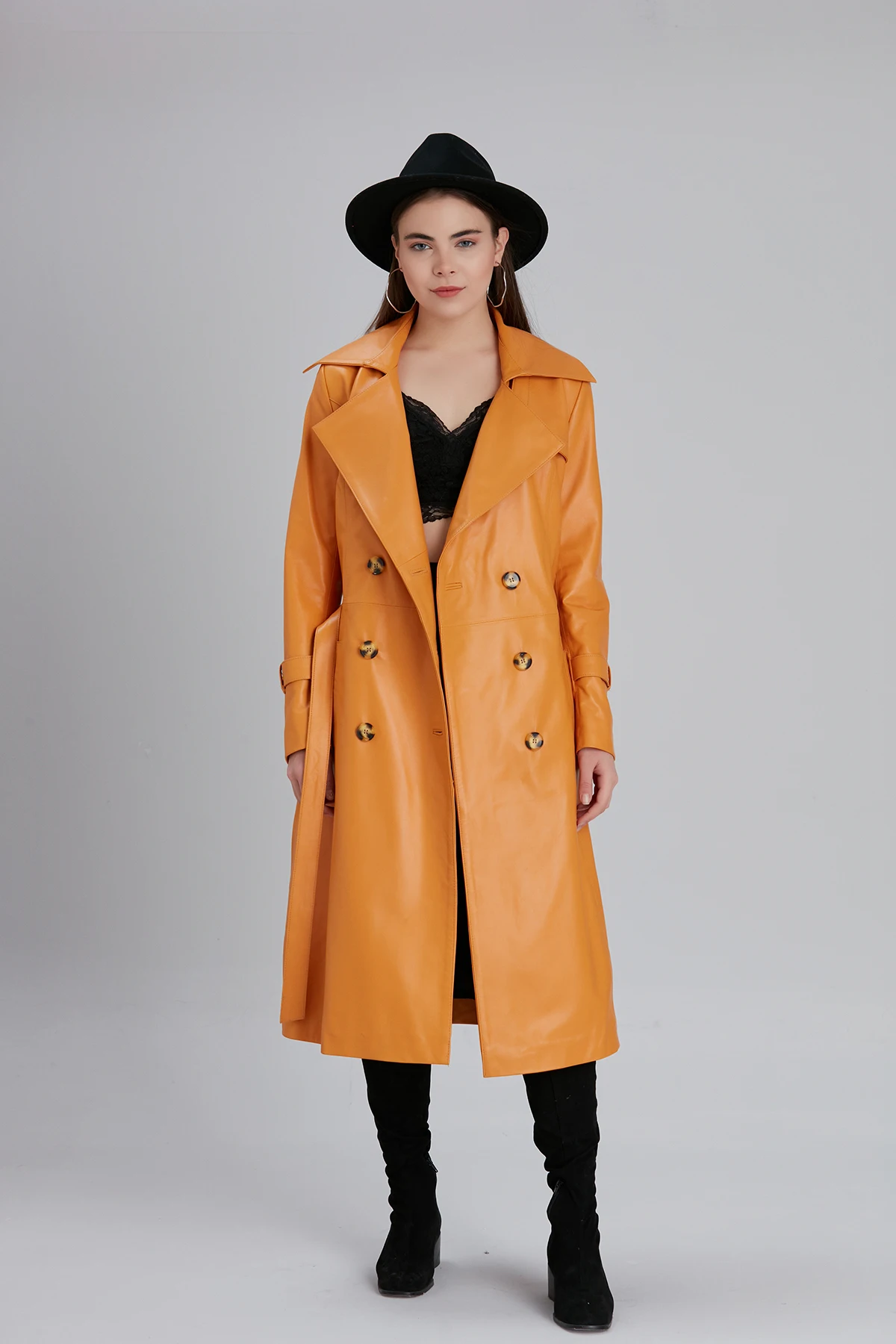 

Genuine Leather Women's Yellow Trench Coat,Long Double Breasted Outwear,Lambskin Elegant Jacket,Long Sleeve,Belted,Button Coat