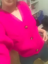 LUNDUNSHIJIA 2020 nueva primavera y otoño de las mujeres es holgado de punto suéteres señoras con cuello en V y manga larga de moda Rosa Cardigan rojo abrigos