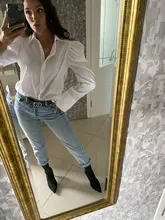Señoras manga linterna blusa elegante camisa de las mujeres blanco negro Casual botón Vintage cuello Oficina camisa Mujer