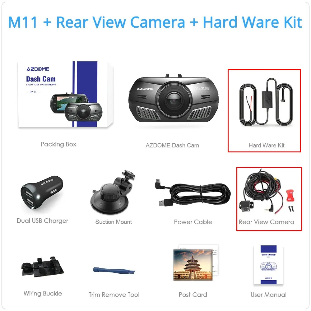 M11-RVC-HWK AZDOME M11 DVR 24H монитор парковки Автомобильная камера мини Dashcam двойной объектив Ночное Видение Поддержка gps 1080P заднего вида видеорегистратор - Название цвета: M11-RVC-HWK