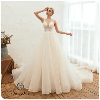 

NEW 2020 St.Des Ivory A-line Robe Sexy V-neck Lace Sleeveless Flower Floorlength Designer Elegant Wedding Dress Wedding Gown