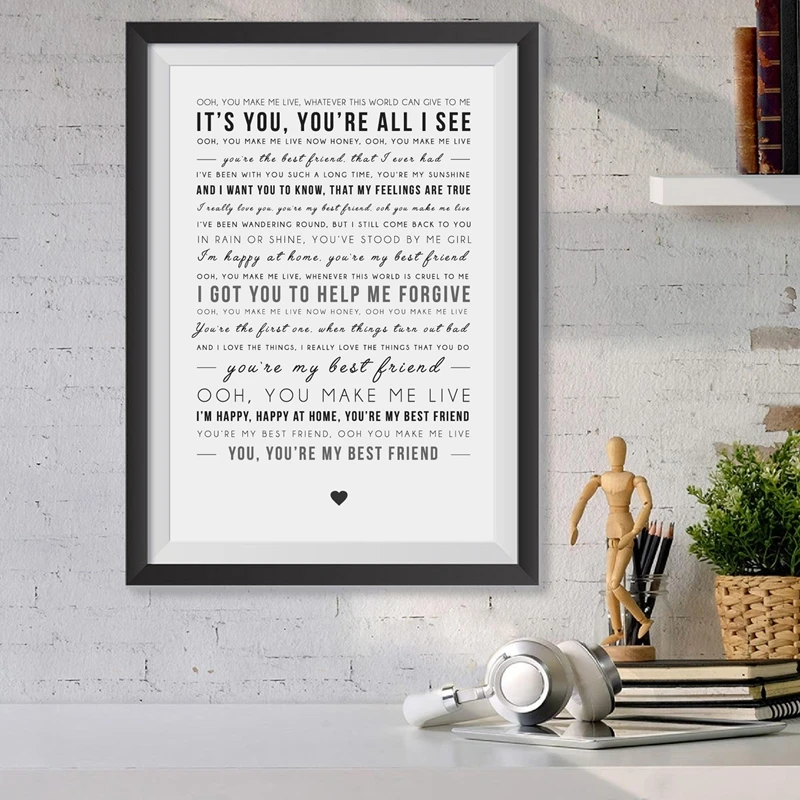 Freddie Mercury Song Lyric Print You're My Best Friend Queen Quote Poster Wedding Gift idea Wall Art Canvas Painting Decor