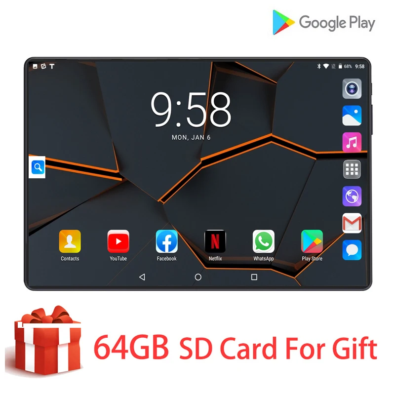 6G ram закаленное стекло 2.5D 10 дюймов планшетный ПК Android 9,0 Восьмиядерный 128G rom 1280*800 ips 3g 4G LTE Рог громкий планшет 10 10,1"