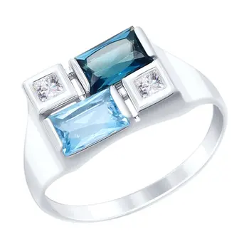 

White Gold Sokolov ring with blue and blue topaz and Swarovski Crystals zirconia, fashion jewelry, gold, 585, women's male
