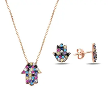 

Angemiel 925 Sterling Silver Mixed Color Zircon Stone Fatma Master Hand Set - Rose Gold Plated
