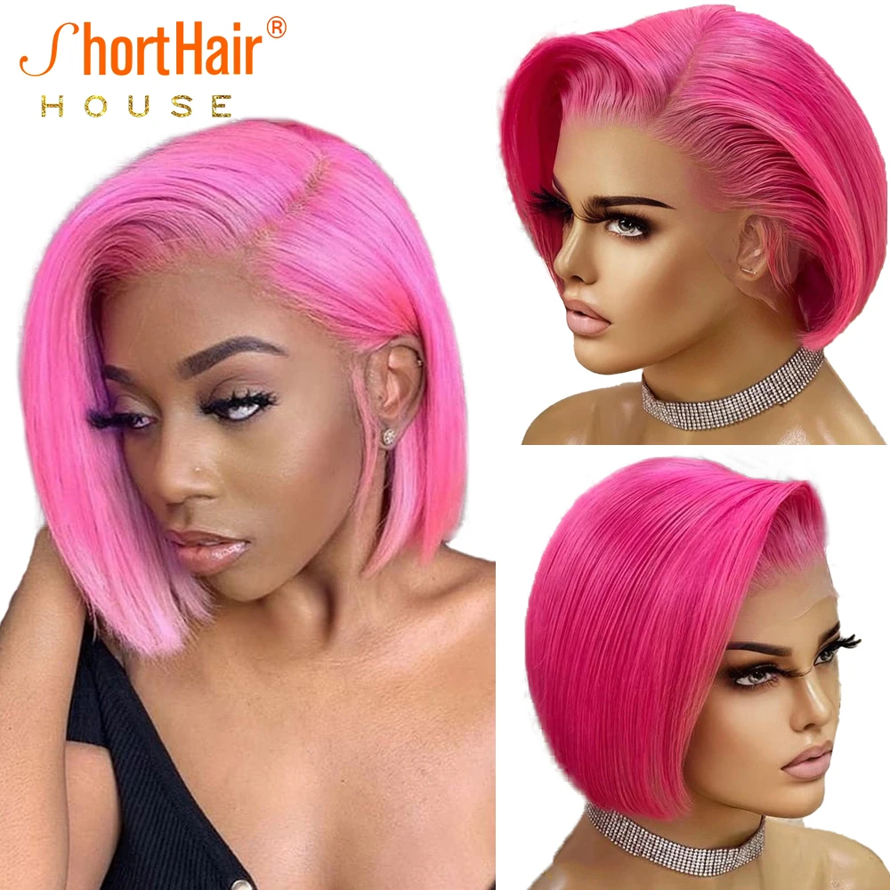 Pixie Cut Wig Human Hair Bob Wigs 613 Lace Frontal Wigs For Women Preplucked Brazilian Remy Hot Pink Color Natural Side Part Wig