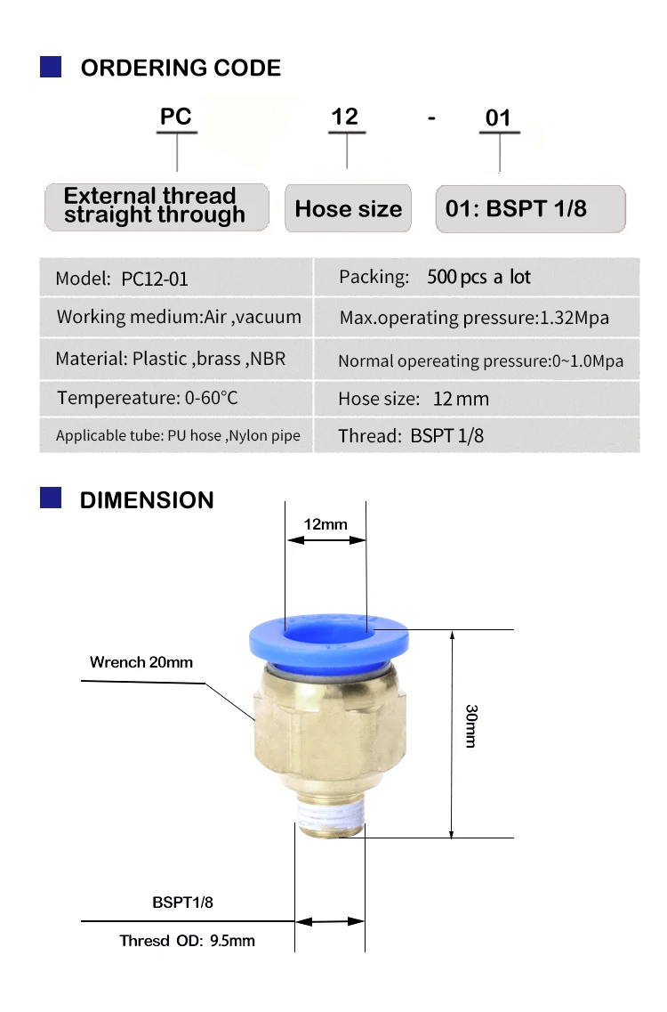 Description Picture 3 of itemPC12-01 500PCS A Lot Quick Air Hose Connector 12mm To Thread BSP 1/8" Male Nipple Brass Coupling One-Touch Pneumatic Fitting
