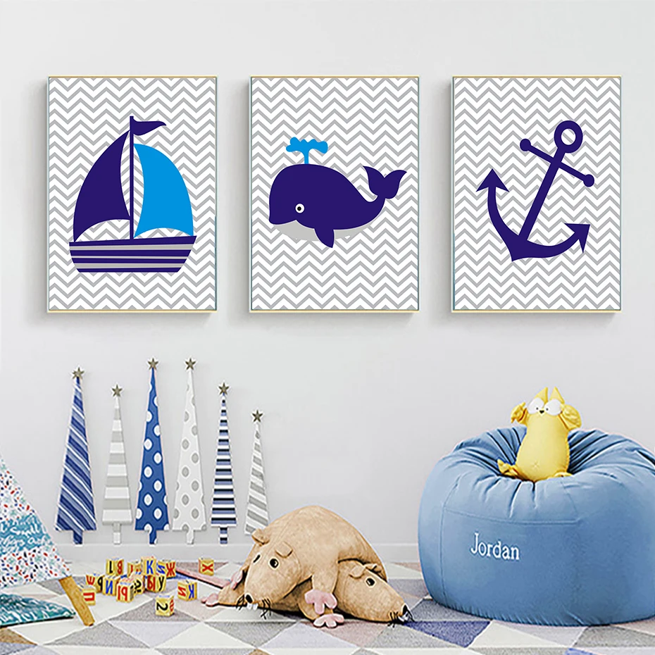 Темно синий парусник Кит якорь декор для детской комнаты картины настенные