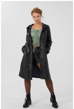 

Women, Long Leather Jacket with Hood, Gift, Stylish, Fashion, New Season, Comfortable, High Quality