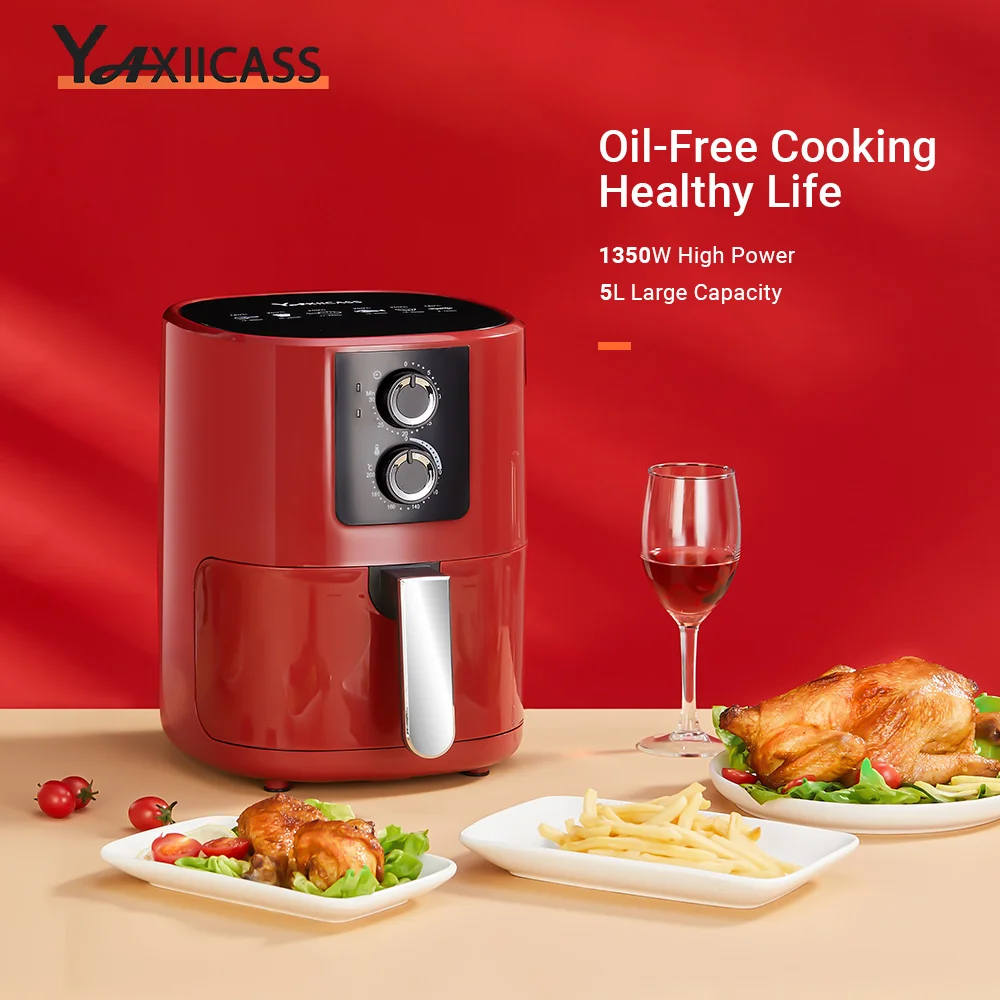 YAXIICASS Air Fryer Without Oils 5L Large 1350W 360° Baking Oil Free Fryer Smart Timer Temperature Control Electric Home Cooking 6