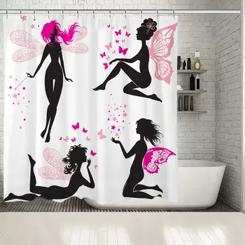 

Shower Curtain Fairy Girls with Wings Butterflies Stars and Wand Magic Fun Happy Cartoon Black and Pink Artwork Print