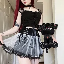 Sexy Skirt ALTERNATIVE CLOTHING Mesh Emo Lace-Up A-Line Patchwork Punk Dark-Mall Goth