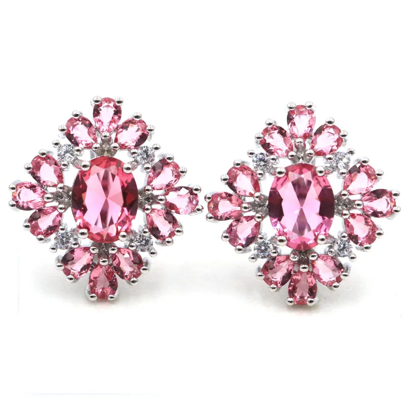 Женские серебряные серьги SheCrown Deluxe розовые турмалиновые белые вечерние 22x20