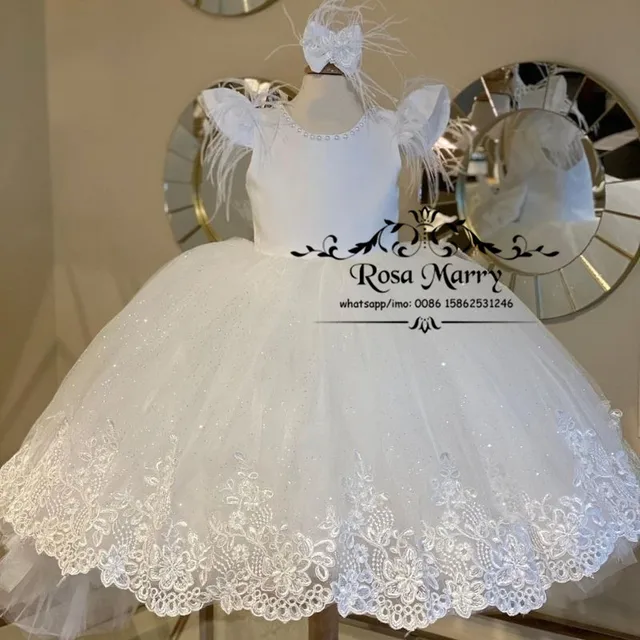 $US $109.60 Princess White Ball Gown Flower Girls Dresses for Wedding 2021 Vintage Lace Pearls Feather Kids First Communion Party Gowns