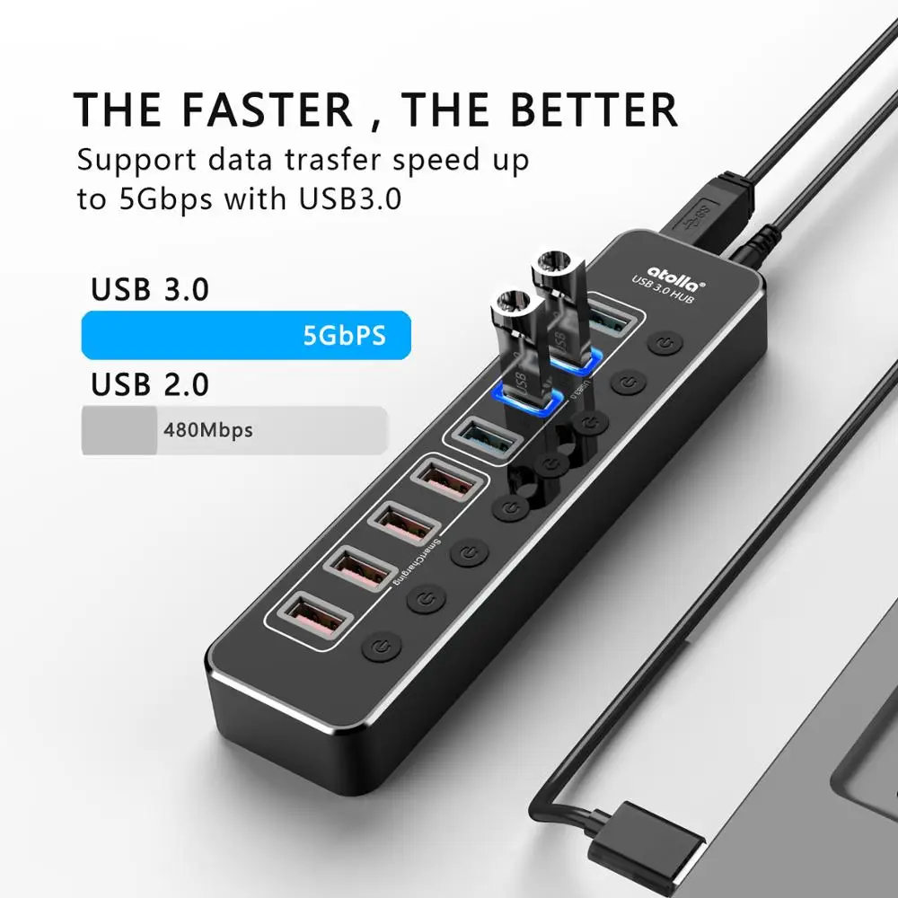Powered USB Hub 3.0 atolla Aluminum 8-Port USB Hub with 4 USB 3.0 Data Ports and 4 USB Smart Charging Ports USB Splitter with