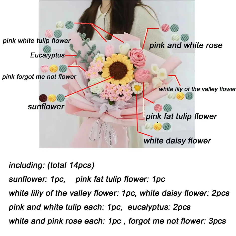 TPRPYN Pink Mixed Flower Bouquet Crochet Kit with yarn DIY Rose Tulip daisy sunflower Crocheting kits Knitting handmake beginner