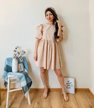 Mini Dress Lantern Short-Sleeve OOTN A-Line Pink Elegant Green Cotton Casual Women Ladies