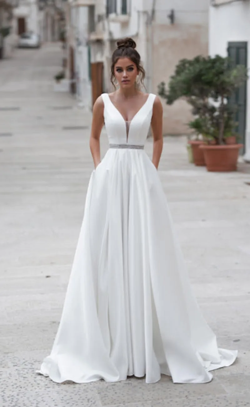 Lorie Satijn Trouwjurken V-hals Braid Jurken Knoppen Vestido de novia Boho Elegante Trouwjurk Voor Vrouwen на заказ