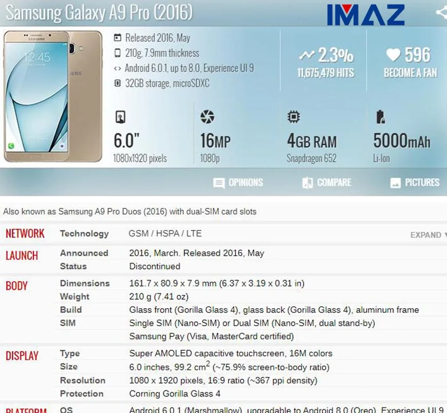 IMAZ AMOLED For SAMSUNG GALAXY A9 Pro 2016 A9 A910