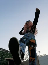 Pantalones vaqueros con estampado de dibujos animados para mujer, pantalón harén para niña, pantalón vaquero de cintura alta para mujer de talla grande