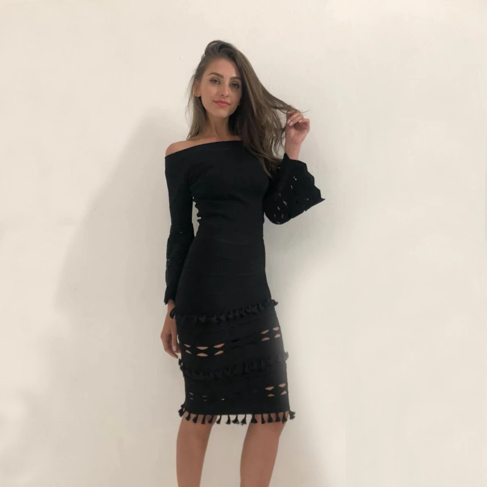 BANDAGE New Chic Autumn Office Lady Pencil Skirt Elegant High Waist Tassel Fringe Bodycon Hollow Out Party Skirt Knee Length