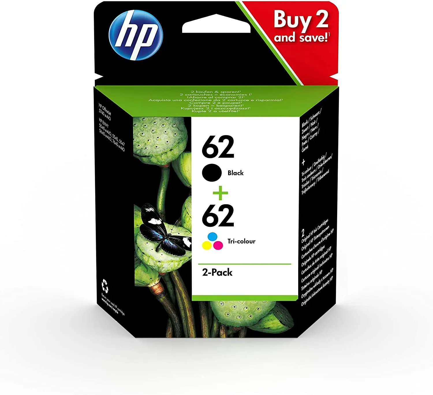 Cartuccia Hp 62 Muslimah Confezione Da 2 Cartucce Di Inchiostro, Nero E Tre Colori, Autentica Per Hp Envy, 5540, 5541, 5545, 5547, 5548, 5640, 7640, H