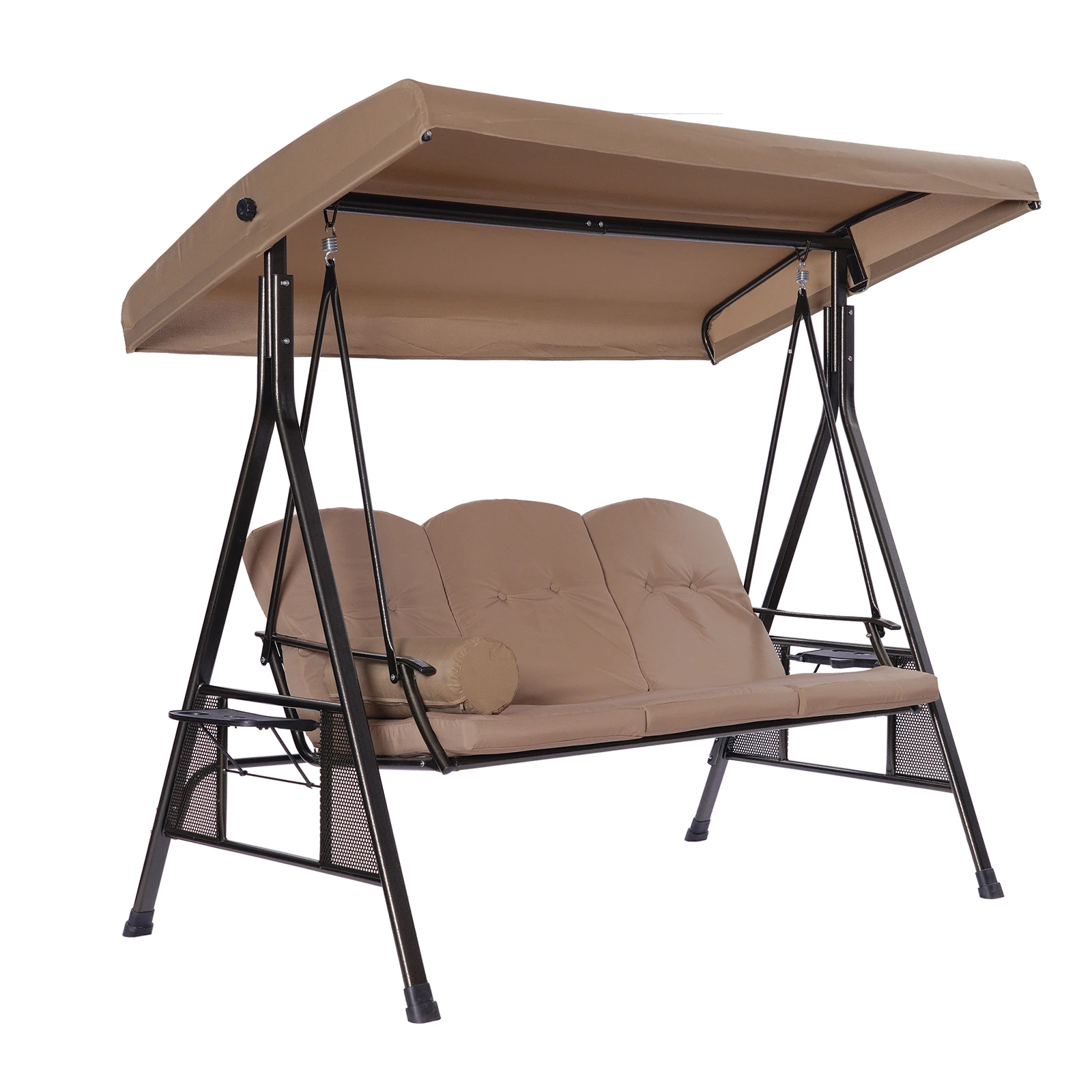 

3 Persons Luxury Outdoor Porch Swing Chair With Cup Holders Cushions Pillows Canopy Adjustable[US-Stock]