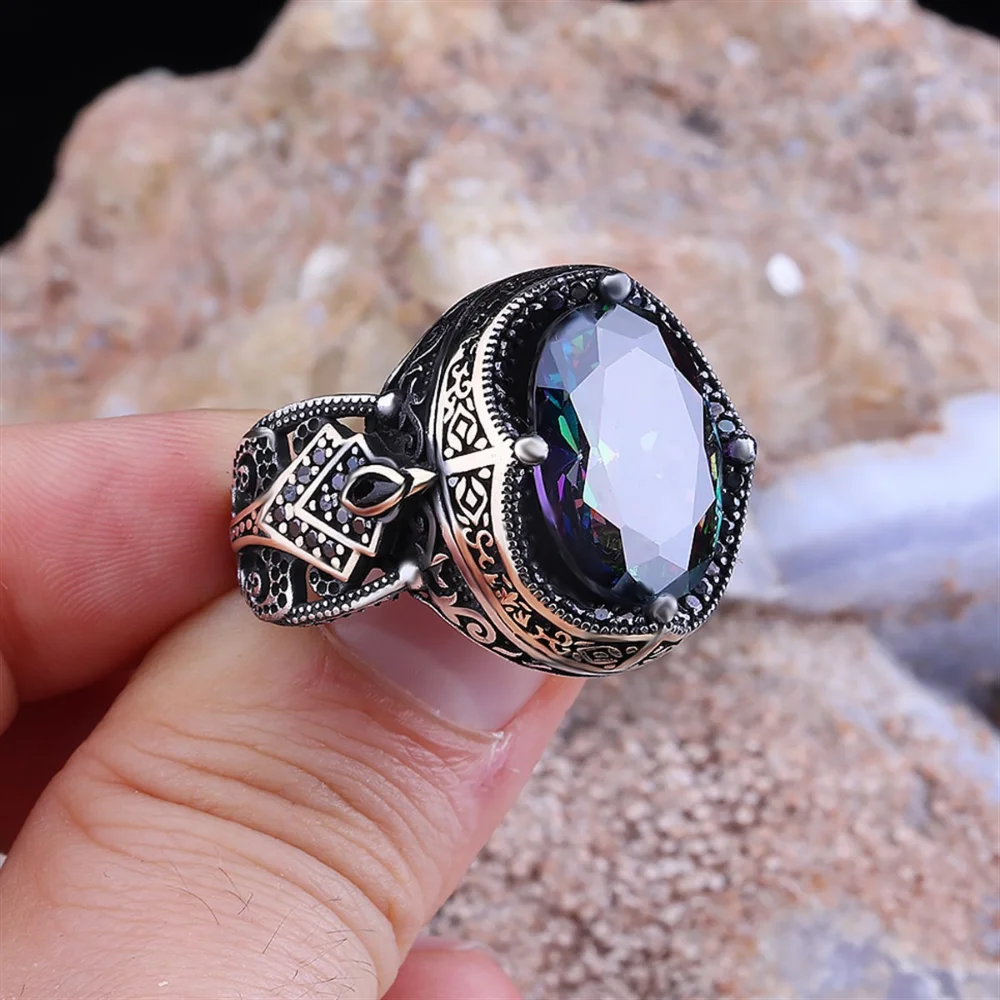 

925K Sterling Silver Ring,Mystic Topaz Gemstone Fine Workmanship Turkish Handmade Jewelry Stylish Accessory For Man 2022 Fashion