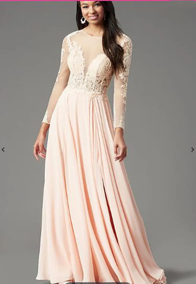 

Long-Sleeve V-Neck Chiffon Illusion Prom Dress Elegant Long Applique Lace Evening Dresses For 2022