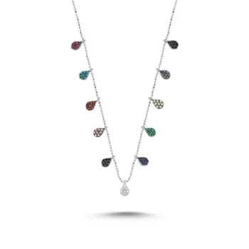 

Angemiel 925 Silver Zircon Mix Gemstone Dangle Necklace-Rhodium Plated