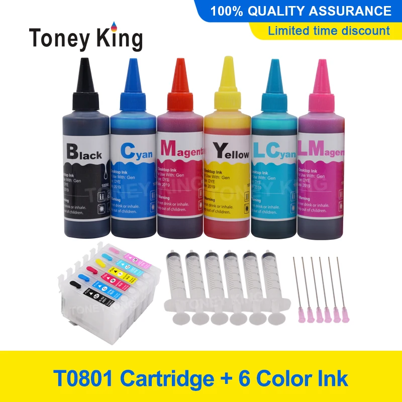 Toney King 6 цветный чернильный картридж T0801 + набор чернил для принтера Epson RX560 100 585 610 650