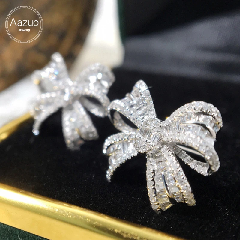 Aazuo Real 18K White Gold Real Diamonds 1.0ct Fairy Luxuly Bowknot Stud Earrings Gifted For Women Advanced Wedding Party Au750