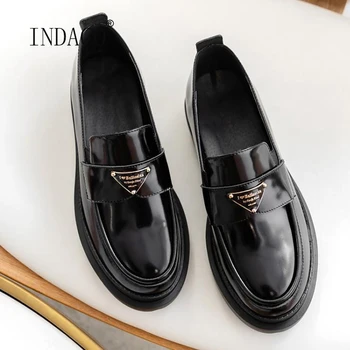 

2020 Flat Shoes Women Leather Brogue Shoes Women Black Beige Dress Shoes 3cm