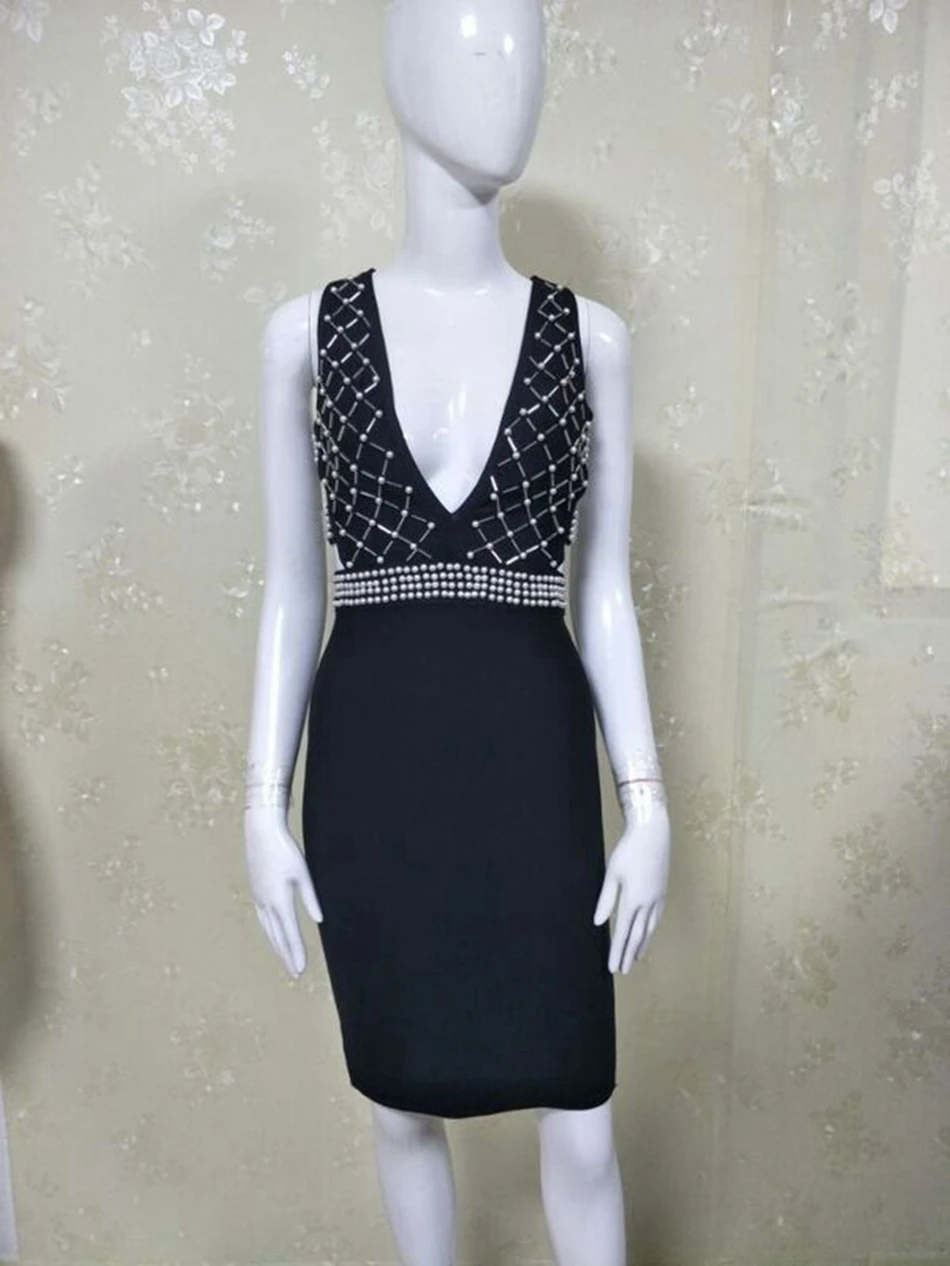 Бандажное осеннее роскошное женское платье с драгоценными камнями Vestidos, черное Бандажное платье с жемчужинами и бисером, сексуальное вечернее платье с глубоким v-образным вырезом для рождественской вечеринки на год