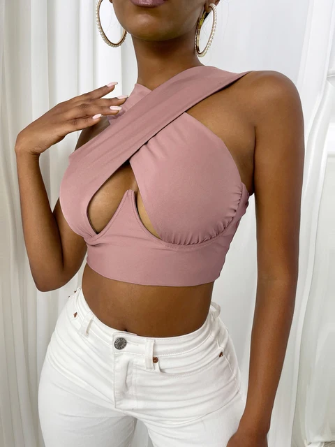 Women's Criss Cross Tank Tops Sexy Sleeveless Solid Color Cutout Front Crop Tops Party Club Streetwear Summer Lady Bustier Tops 72D Dusty Pink