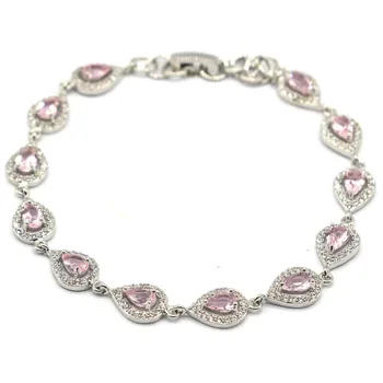 

16x8mm Gorgeous Created Pink Kunzite White CZ Gift For Sister Silver Bracelet 8-9.0inch