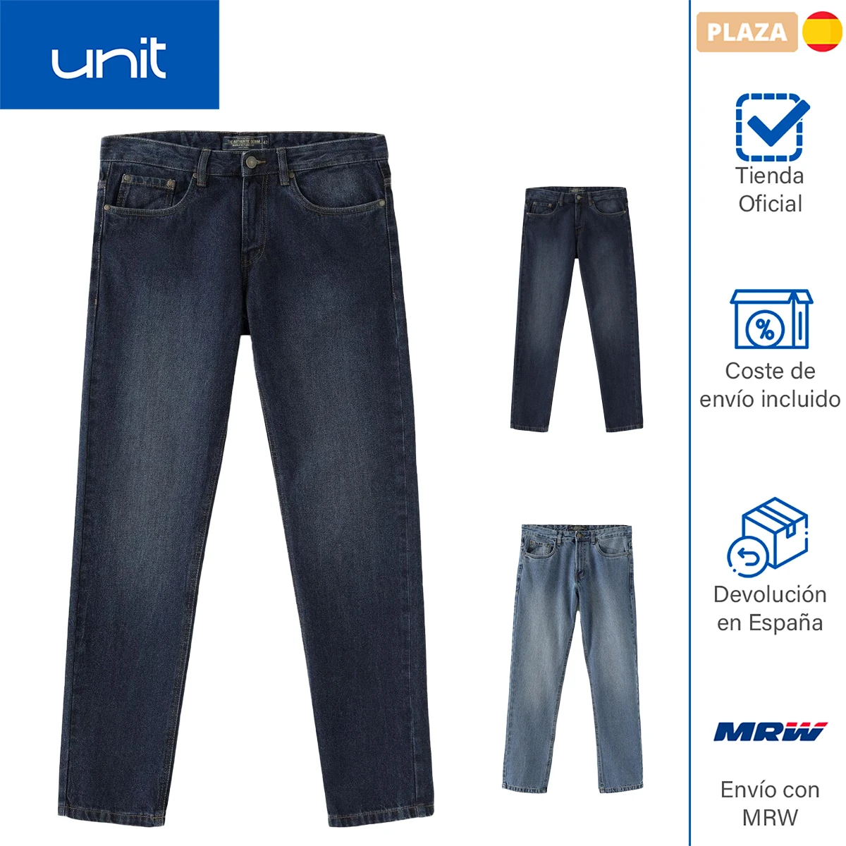 Pantalones vaqueros de con bolsillos azul oscuro y azul claro . de moda y de calidad para uso diario. Unit|Pantalones vaqueros| -