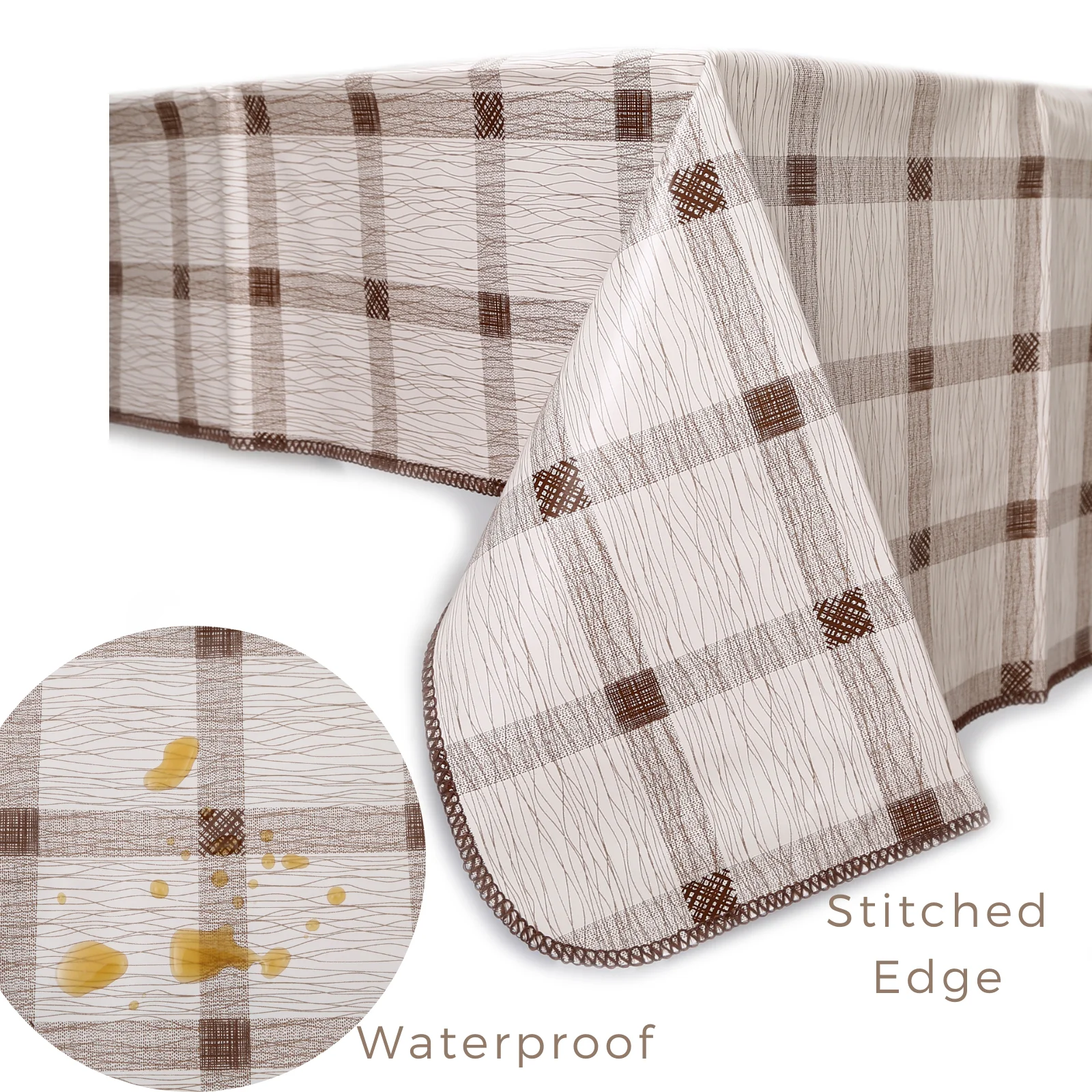 Decoser Heavy Duty Flannel Backed Vinyl Tablecloth with Backing PVC 55x71 inch Rectangle Brown Checkered Table Cover | Дом и сад