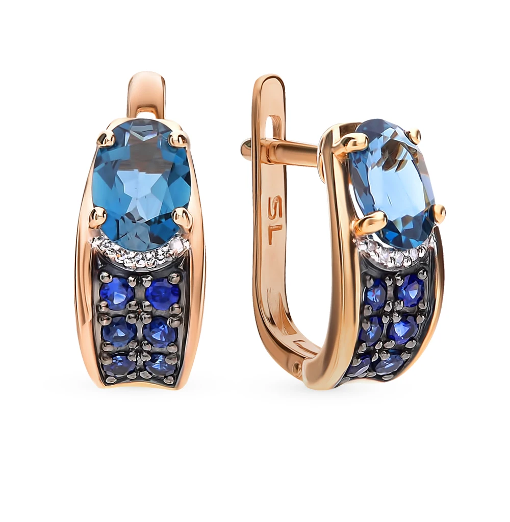 Gold earrings with sapphire, topaz and diamonds SUNLIGHT test 585