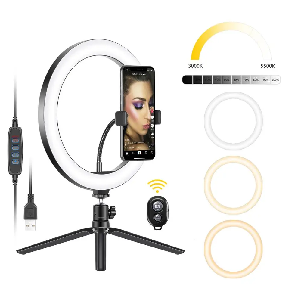 10” Selfie-Ringlicht 3 Modi LED-Ringlight mit Stativ-Ständer für Live Makeup USB 