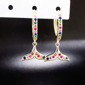 

E185 14K Gold Plated Whale Tail Earrings 925 Sterling Silver Earrings Fishtail Multi-color Zircon Dangler Earring For Women Gift